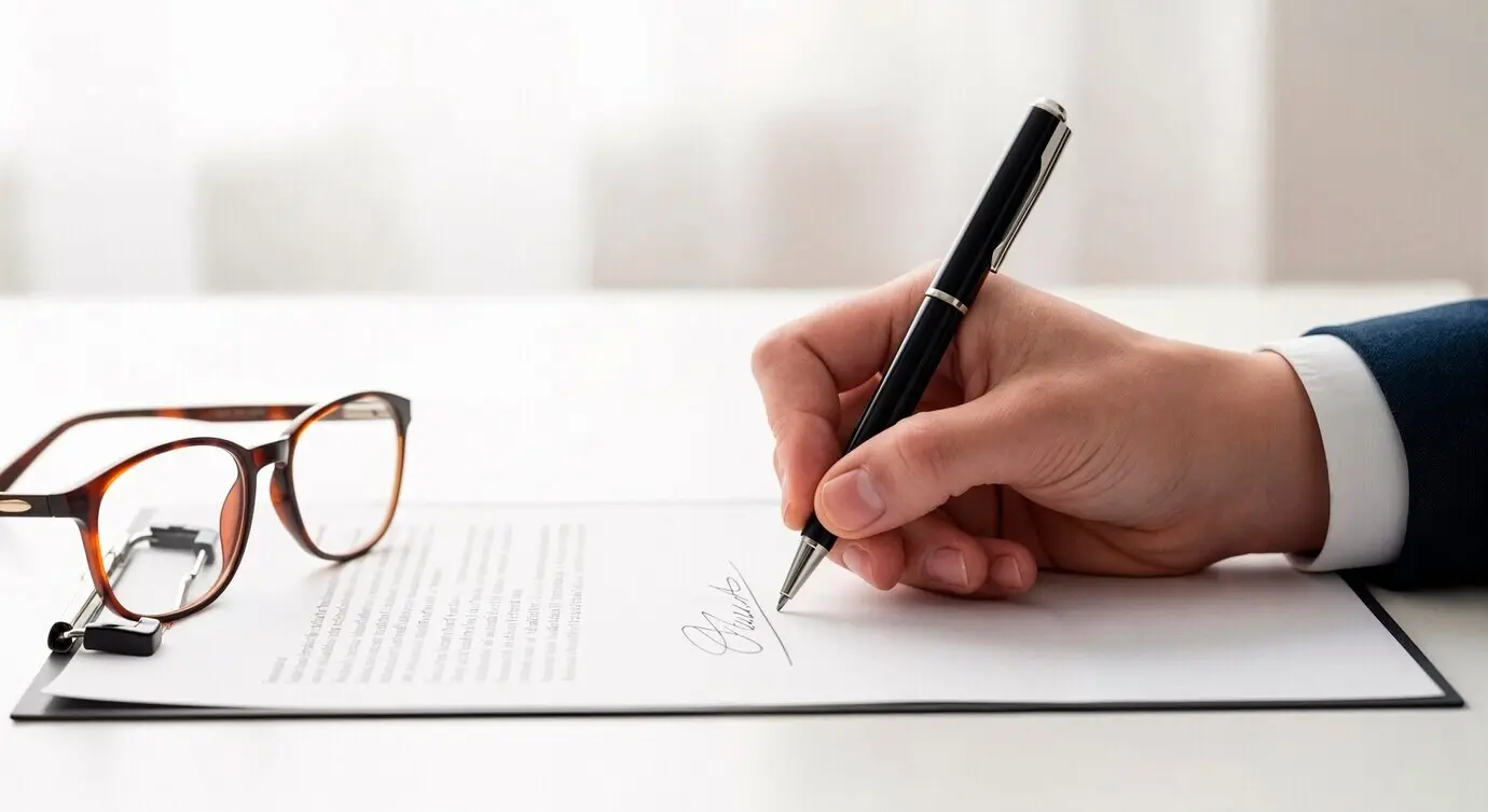 Firma de un documento con gafas